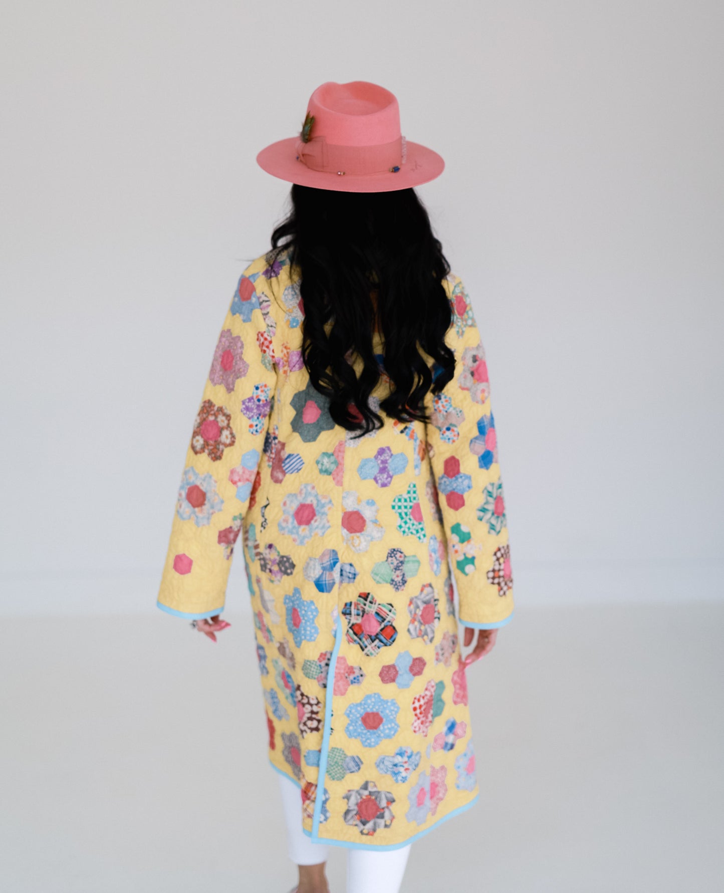 Yellow Flower Garden Blue Lining Trench Coat