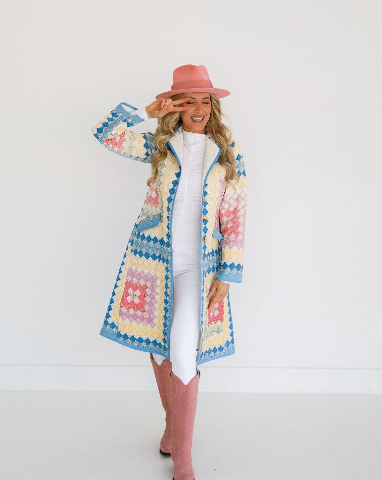 Pastel Vintage Postage Stamp Trench Coat