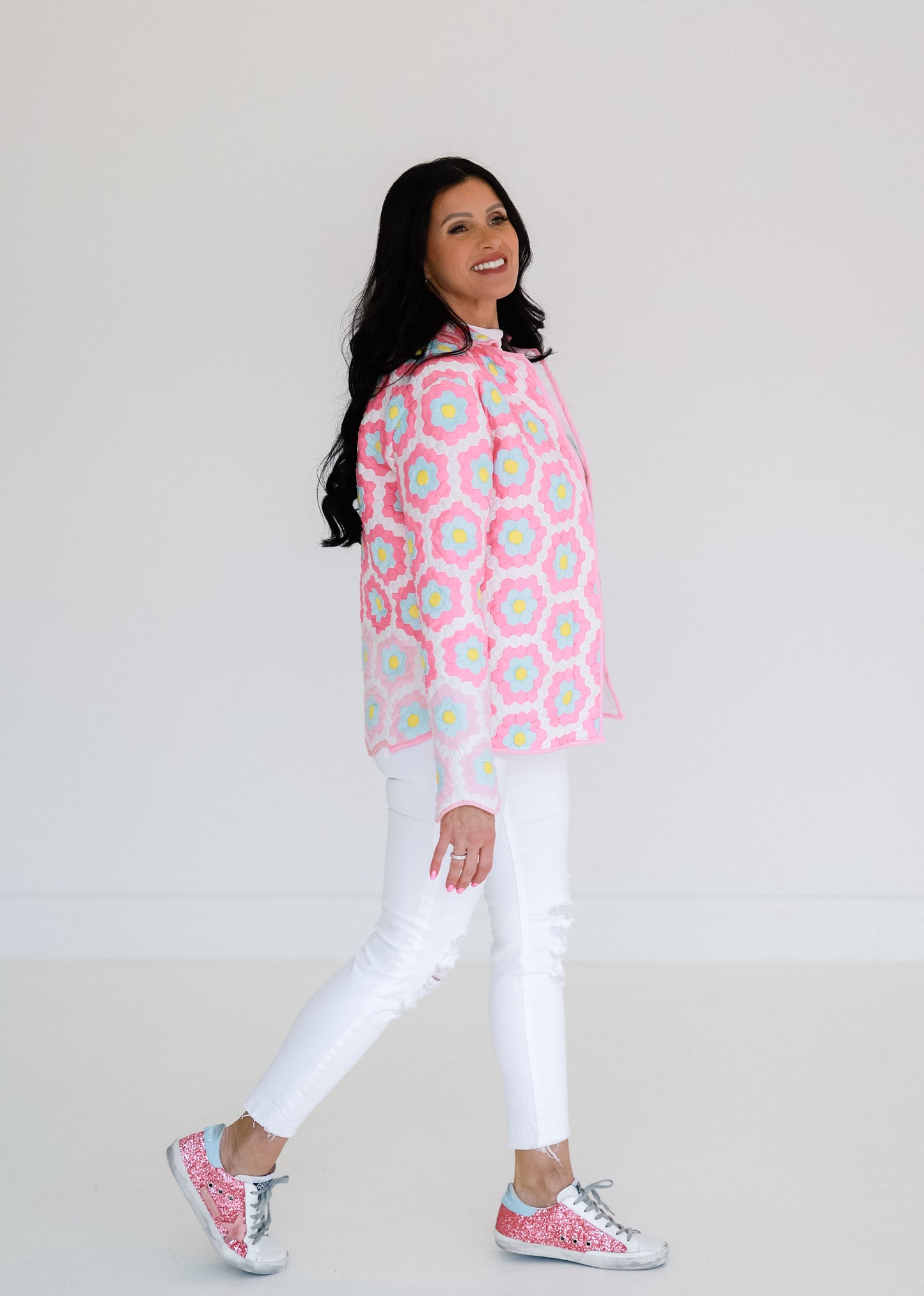 White and Pink Flower Shirt Jacket