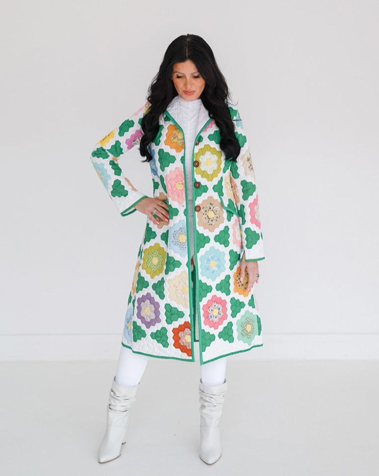 Kelly Green Flower Garden Trench Coat