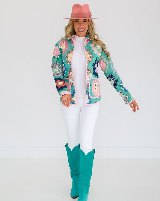 Teal Green Flower Garden Shirt Jacket