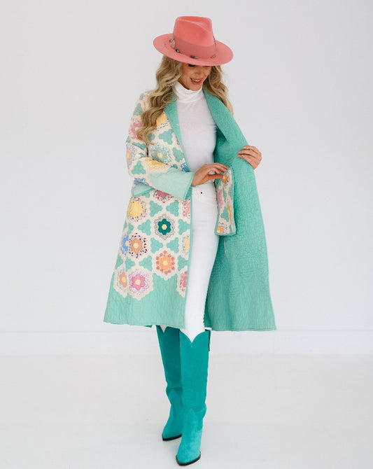 Seafoam Green with Flower Garden Trench Coat