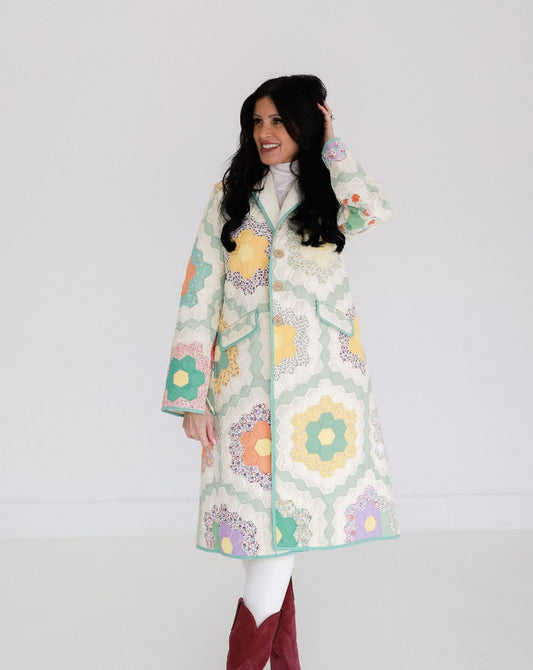 Cream and Green Flower Garden Trench Coat