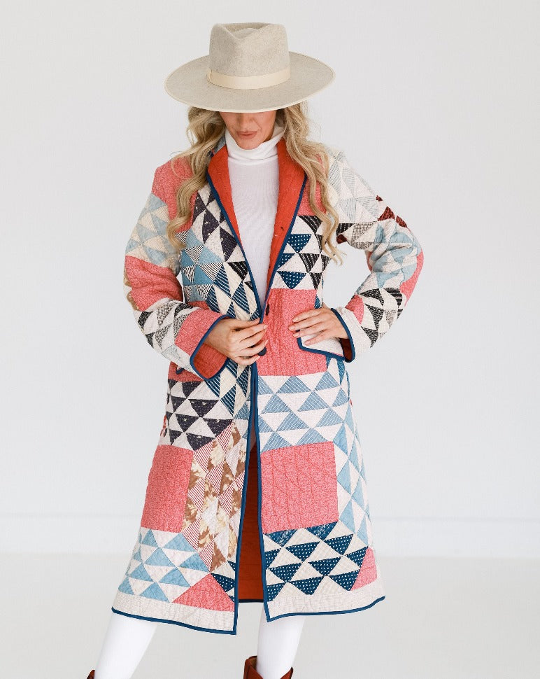 Red and Navy Ocean Waves Trench Coat