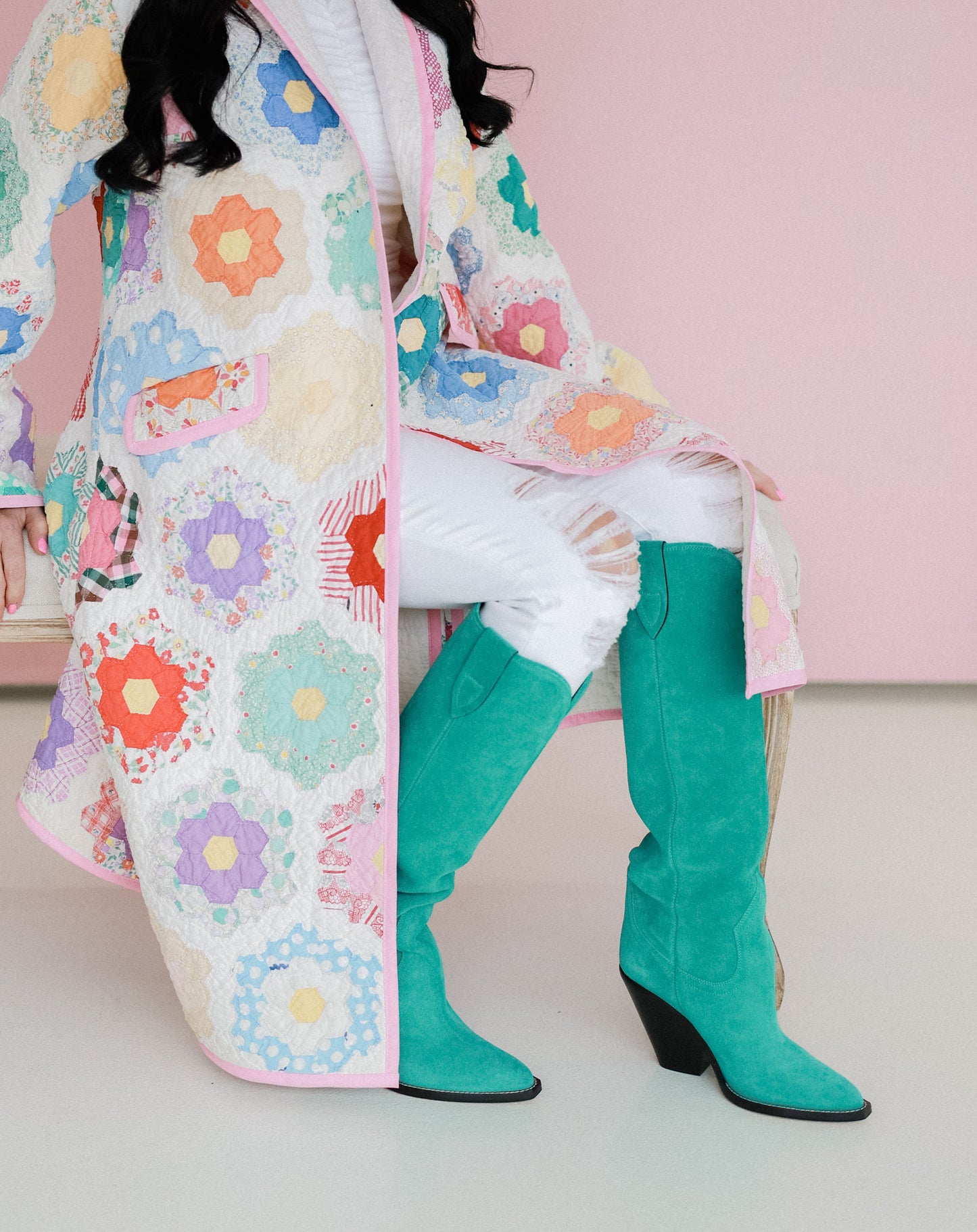 Multi-Colored Flower Garden Quilt Trench Coat