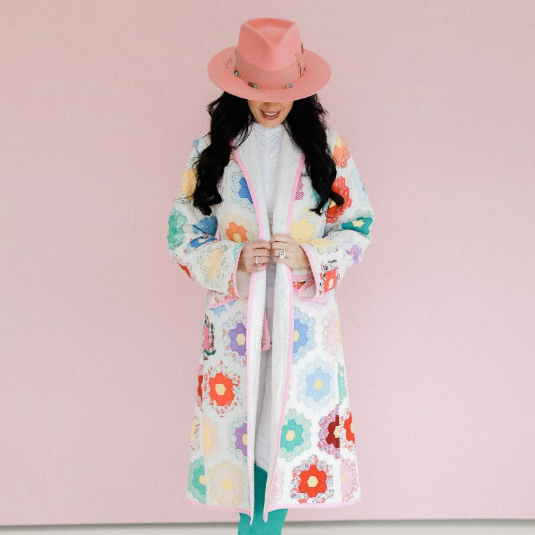 Multi-Colored Flower Garden Quilt Trench Coat