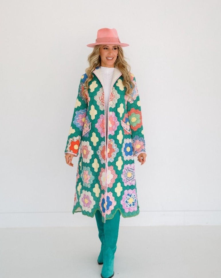 Jade Green Flower Garden Trench Coat