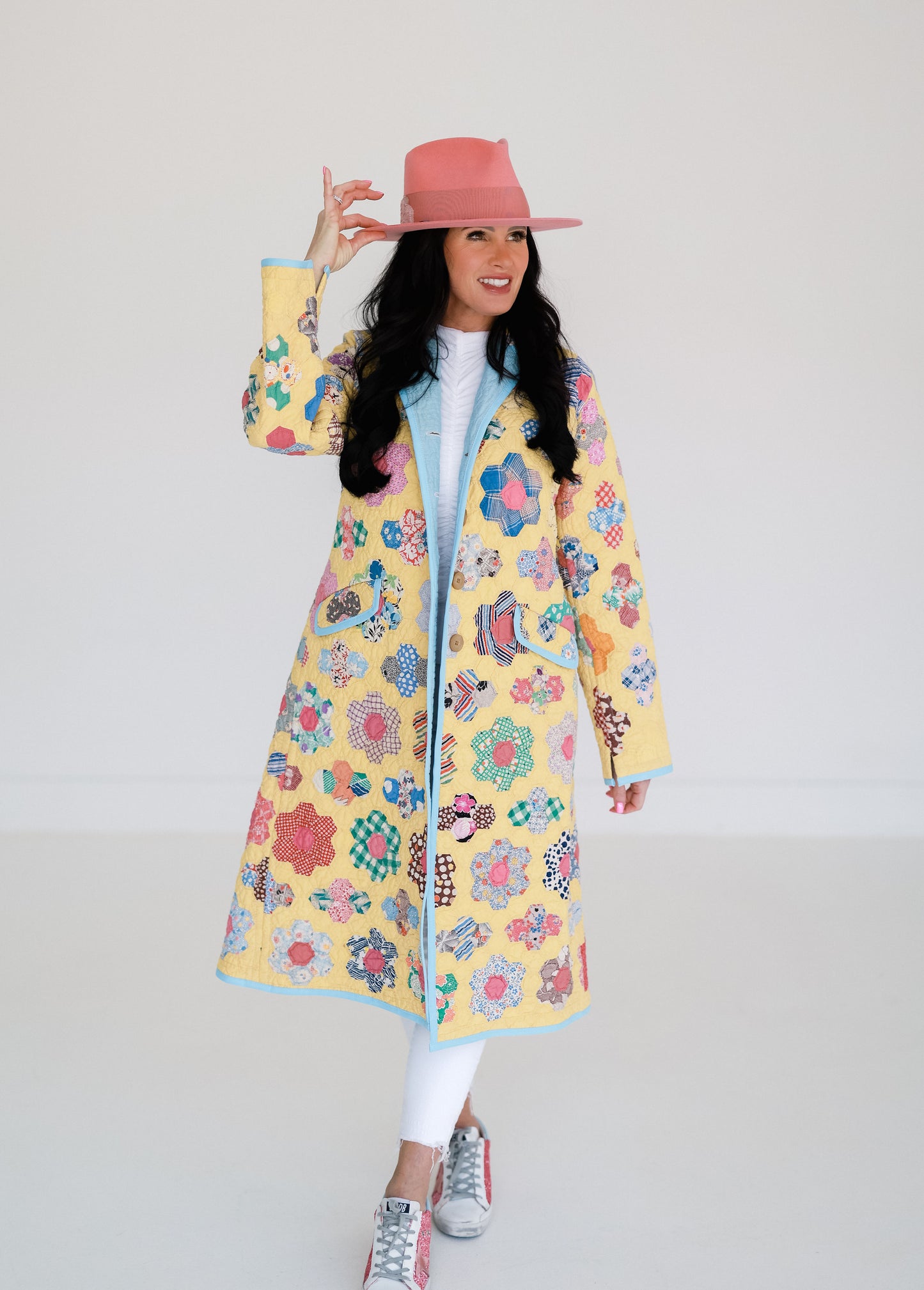 Yellow Flower Garden Blue Lining Trench Coat