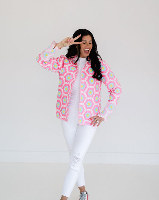 White and Pink Flower Shirt Jacket