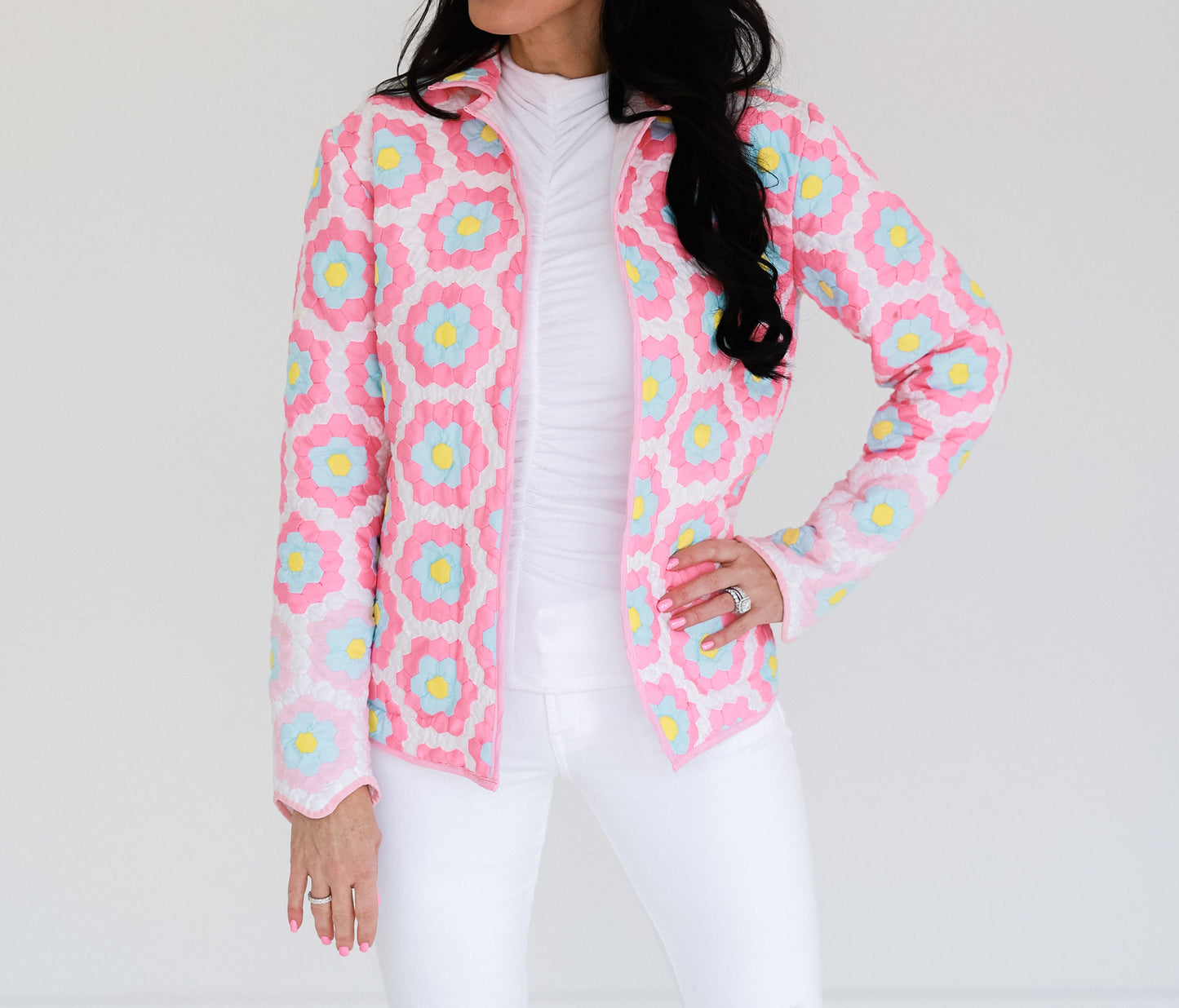 White and Pink Flower Shirt Jacket